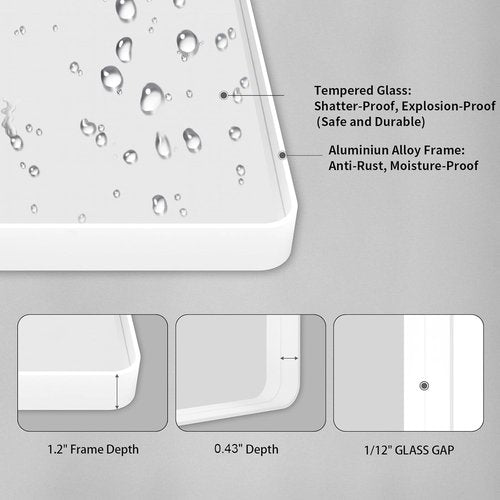LOAAO 48x36 Inch White Metal Framed Bathroom Mirror - Large Rounded Rectangle, Anti-Rust, Versatile Hanging Options