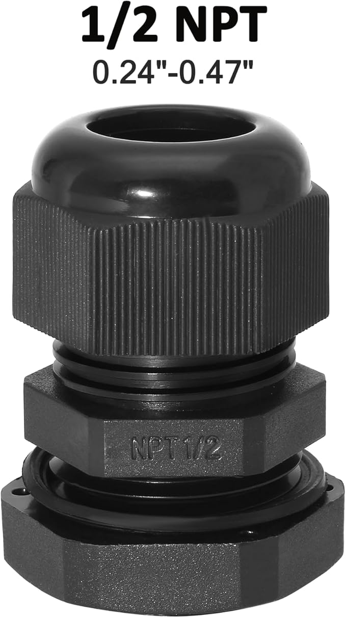Bonsicoky 10 Pcs 1/2" NPT Nylon Cable Glands, IP68 Waterproof Adjustable Cord Grip Cable Connector Strain Relief Wire Protectors for 6-12mm Cable Diameter, Black