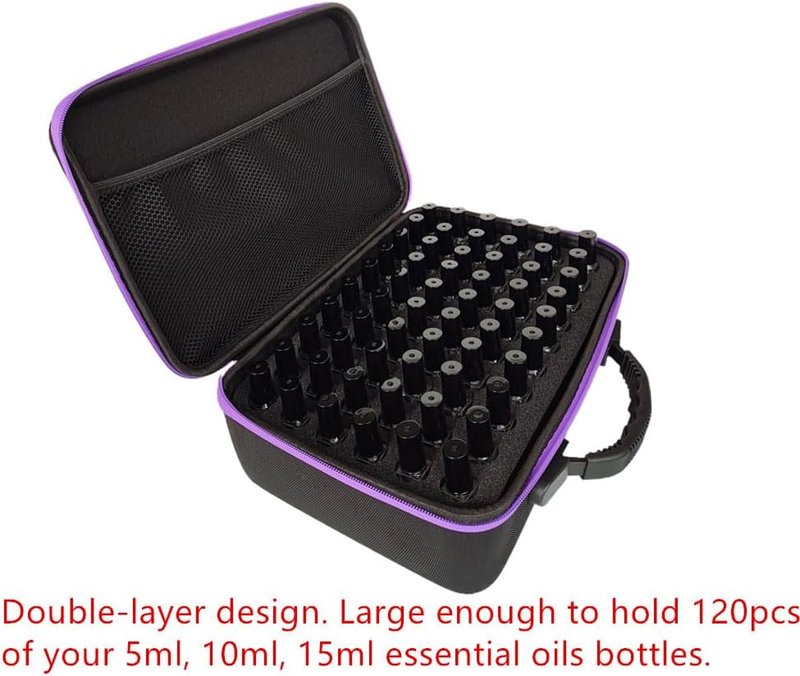 Essential Oil Storage Case - Hard Shell Organizer for 120 Bottles | Portable Double-Layer with Foam Insert (Black/Purple)