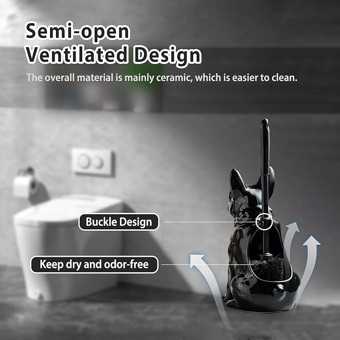 Shar Pei Hideaway Toilet Brush Holder - Concealed Brush Storage, Modern Black Ceramic Bathroom Organizer with Sturdy Brush & Foam Protection, Dog Lover Gift