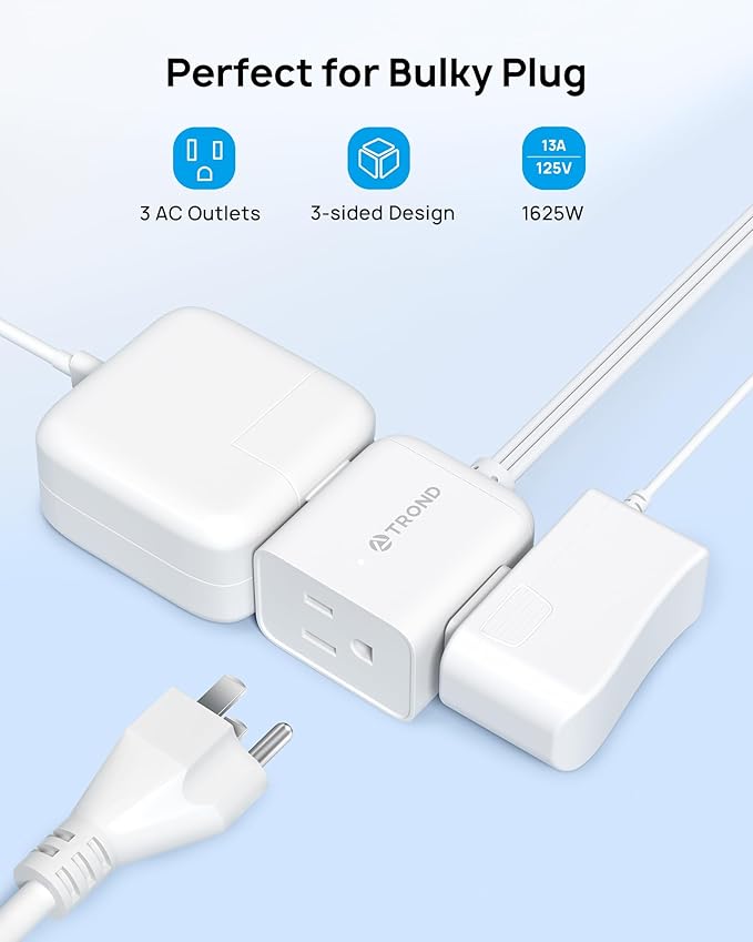 TROND Short Extension Cord 1.5ft with 360° Rotating Flat Plug, ETL Listed Low Profile Power Strip, Three Prong 3 Way Grounded Outlets, 13A, SPT 16/3 AWG for Indoor Home Office Cruise Travel, White