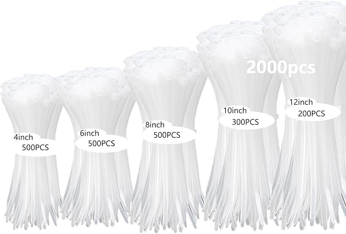 MasiStranth 2000 PCS Zip Ties Assorted Sizes 4+6+8+10+12 Inch Self-locking Nylon Cable ties Heavy Duty Outdoor, UV Resistant Wire Straps for Home Office Garden Workshop Indoor Outdoor Fence((White)