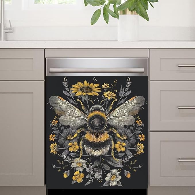Flower and Bee Painting Dishwasher Magnet Cover Sticekr - Kitchen Decorative Fridge Panel Decal - Kitchen Appliances Decorate Sticker - 23W x 26H inchs