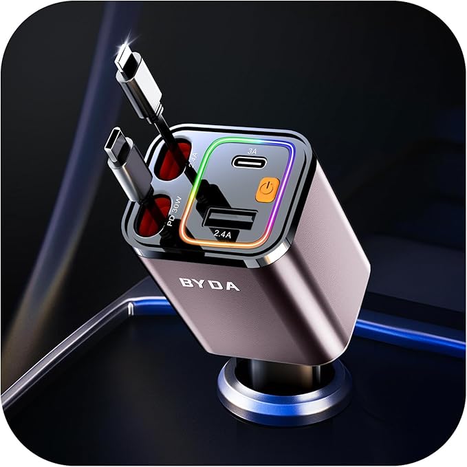 4 in 1 Retractable Car Charger with Starry Light,69W Cigarette Lighter Charger,USB C Fast Car Charger for iPhone 17 Pro Max 16 15 14 13 12 11 (for Apple+Type C &RGB Breathing Light [Pink])