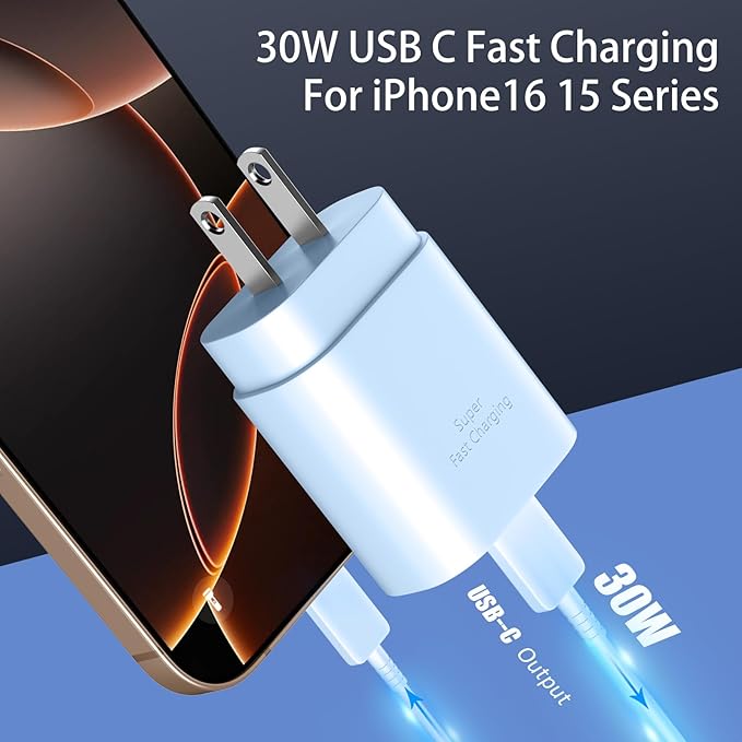 Phone 17 16 15 Charger Fast Charging,30W USB C Phones 17 16 15 Pro Max Charger Block &6.6FT Long Type C Cable Cord for i.Phone 17/17 Air/17Pro/17 Pro Max/16/16 Plus/16 Pro/16Pro Max/15/15 Pro Max,Blue