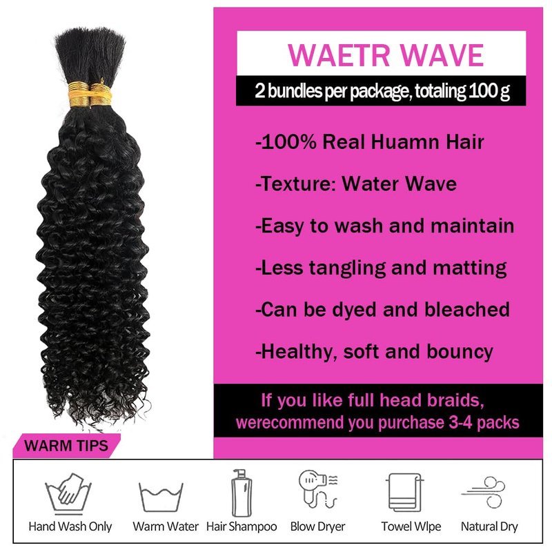 Curly Human Braiding Hair for Boho Braids Bohemian 20 inch Water Wave Bulk 100% Human Hair for Micro Braiding Hair Wet and Wavy Boho Knotless Braids Hair No Weft 2 Bundles Natural Color
