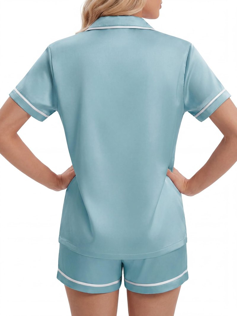 LYANER Women's Satin Pajamas for Women Silk 2 Piece Pj Sets Short Sleeve Button Down Loungewear Neon Blue X-Small