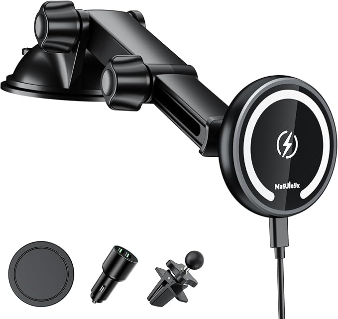MAGJIEYX for Magnetic Magsafe Car Mount Charger, Wireless Car Charger with Fast 36W QC3.0 Charging Adapter Retractable Arm Phone Holder Fits iPhone 15/14/13 Plus/MagSafe Case,Dashboard/Vent/Windshield