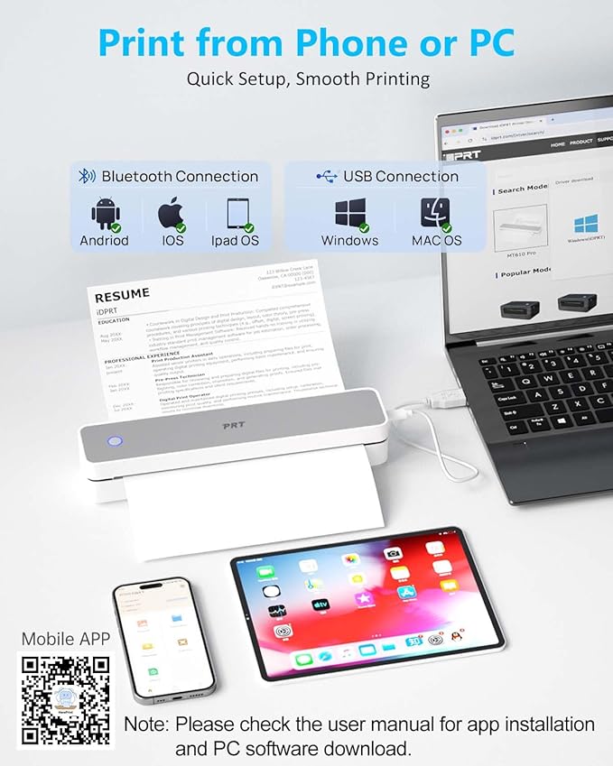 PRT Inkless Portable Printer for Travel, Wireless Thermal Printer Support 8.5 x 11 US Letter A4 B5, Bluetooth Mobile Printers for Laptop, iPhone, Android for Home, Car, Office, School, MT610 Grey