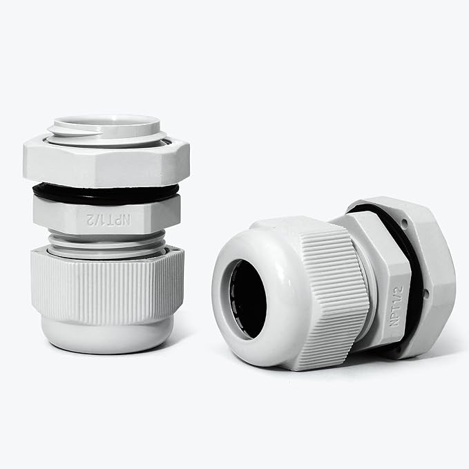 Bonsicoky 20 Pcs 1/2" NPT Nylon Cable Glands, IP68 Waterproof Adjustable Cord Grip Cable Connector Strain Relief Wire Protectors for 6-12mm Cable Diameter, Grey