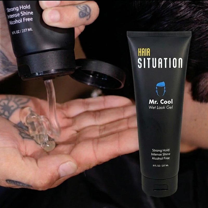 Hair Situation Mr. Cool Wet Look Strong Hold Hair Styling Hair Gel, High Shine, Anti-Humidity Shield, Anti-Frizz Fly Away, Alcohol-Free, No Flake Formula Made with Vitamins to Strengthen Hair, 8 Fl Oz
