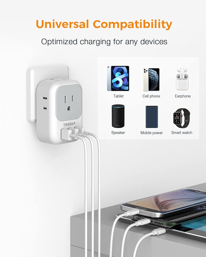 TESSAN USB C Charger Block 20W PD, Fast Charging Adapter with Foldable Plug, 1875W Power Outlet Extender(4 AC and 4 USB) for Cruise, Home, Office, Dorm Room Essentials, Grey