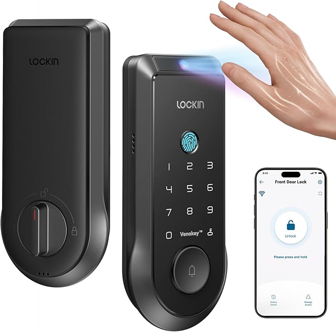 Lockin Venoris Smart Lock - Palm Vein & Fingerprint Keyless Entry Door Lock - 6 Unlock Methods - Built-in WiFi - Smart Home Compatible - No Monthly Subscription - 7-Month Battery Life