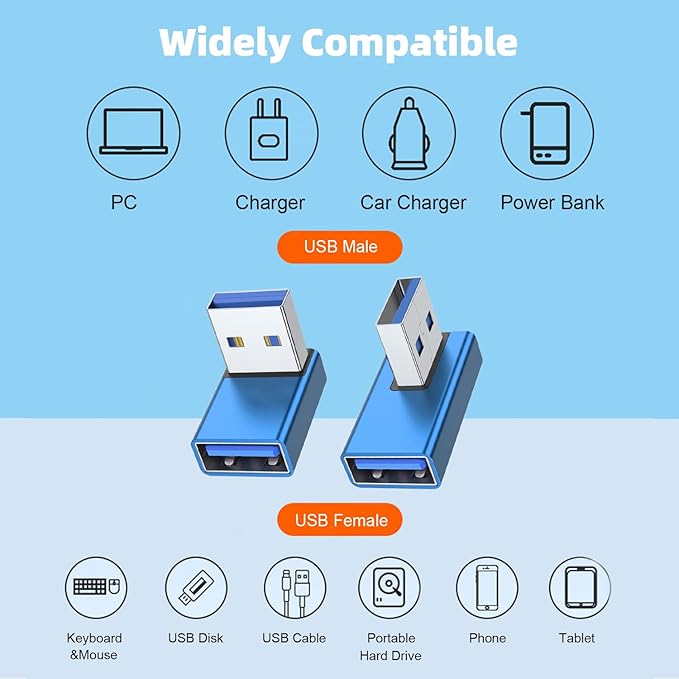 AreMe 90 Degree USB 3.0 Adapter 4 Pack, Up&Down, Left&Right Angle, Blue