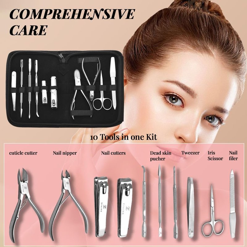 Manicure Pedicure Set - 10-in-1 Stainless Steel Grooming Kit, Personal Care Tools, Nail Nipper, Cuticle Cutter, Scissors, Tweezers, Blackhead Remover, Nail File & Case (Black)