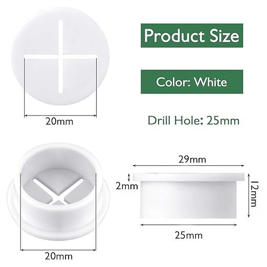 EASYEAH 20Pcs Desk Grommet, 1" (25mm) White Silicone Cord Hole Cover, Flexible Rubber Wire Grommets, Wall Grommets for Cables Management, Table, Countertop, Cabinets and Furnitures Wire Organizer