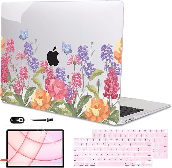 LCMOCICO for MacBook Air 13 inch M1 Case 2021 2020 2019 2018 (Model M1 A2337 A2179 A1932) with Touch ID & Retina Display, Printed Pattern Hard Shell Case Keyboard Cover, Pink & Purple Flowers