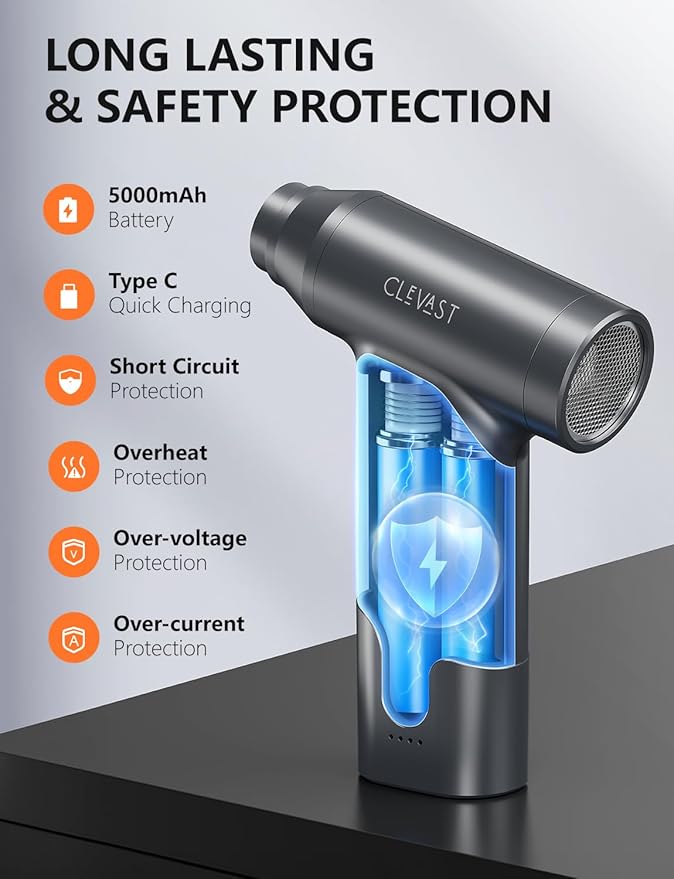 CLEVAST Compressed Air Duster – Super Power Cordless Electric Mini Air Blower, 130,000 RPM Brushless Motor, Stepless Speed Control, Rechargeable for PC, Keyboard, Car, Electronics Cleaning Kit