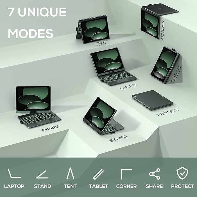 typecase Touch iPad 11th 10th Generation Case with Keyboard (11" 2025, A16 & 10.9" 2022) – 360° Rotatable, 11-Color Backlit, Multi-Touch Trackpad, Pencil Holder, Thin & Light – Midnight Green