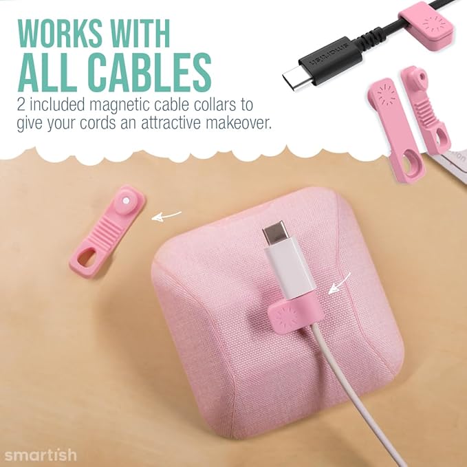 Smartish® Magnetic Cord Holder - Cable Wrangler Organizer with Magnet Clips for Charger Management on Desktop, Nightstand for USB-C + Lightning - I'm Blushing