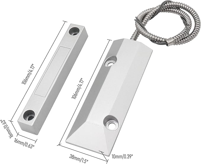 FOCMKEAS Magnetic Reed Switch Wired Surface Mount Normally Closed NC Contact Sensor Alarm Magnetic Door Switch with 2 Wires, Zinc Alloy Sliver, OC-55