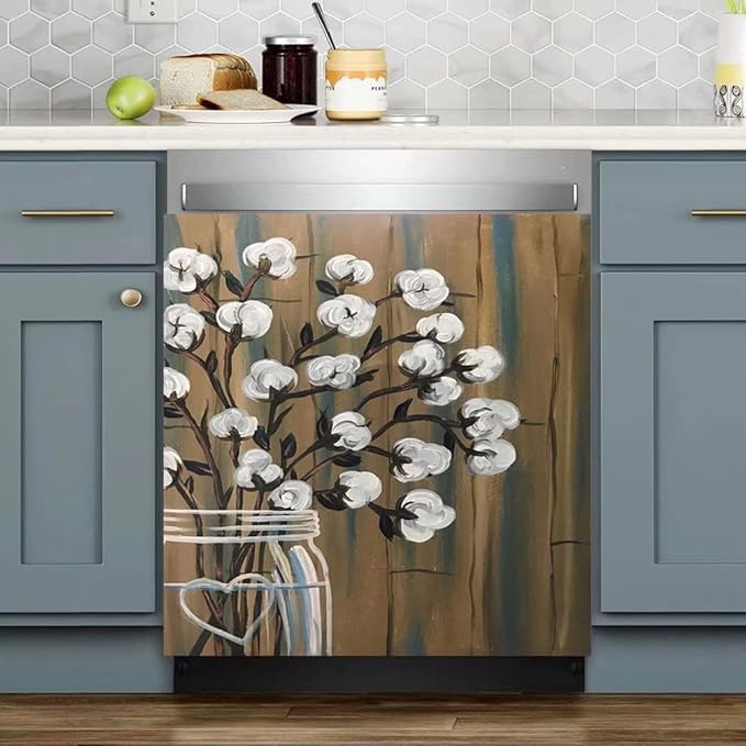 Bless Family Dishwasher Cover Floral Sticker Kitchen Decor,Cotton Bolls Painting Fridge Magnetic,Flower Vase Refrigerator Magnets Decal,Appliance Magnetic Panel 23"x17"