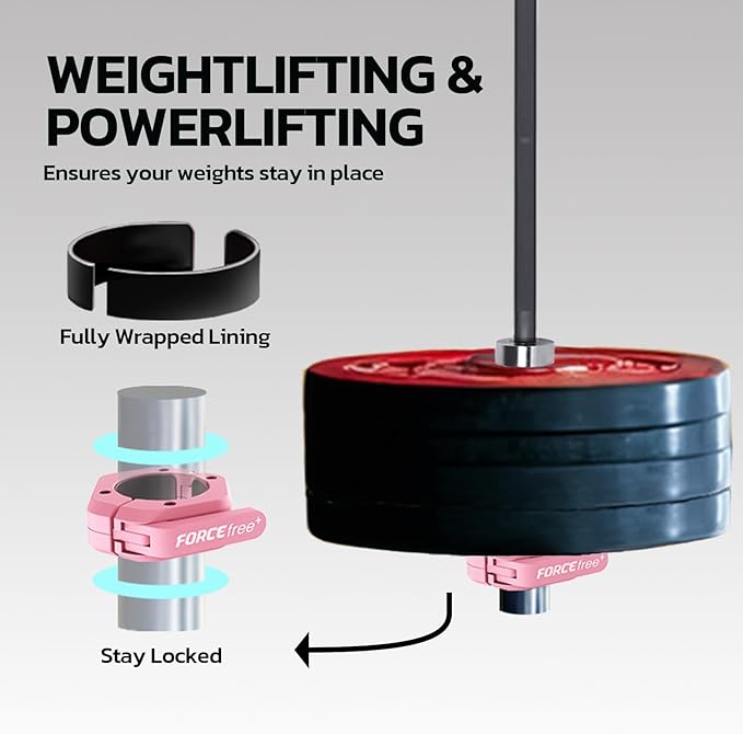 Forcefree+ Barbell Clips (Pair), Barbell Clamps, Quick Release Olympic Barbell Clamps with Anti Slip TPR Grip, Barbell Collars for Secure Weightlifting & Powerlifting (Non Magnetic, Pink)