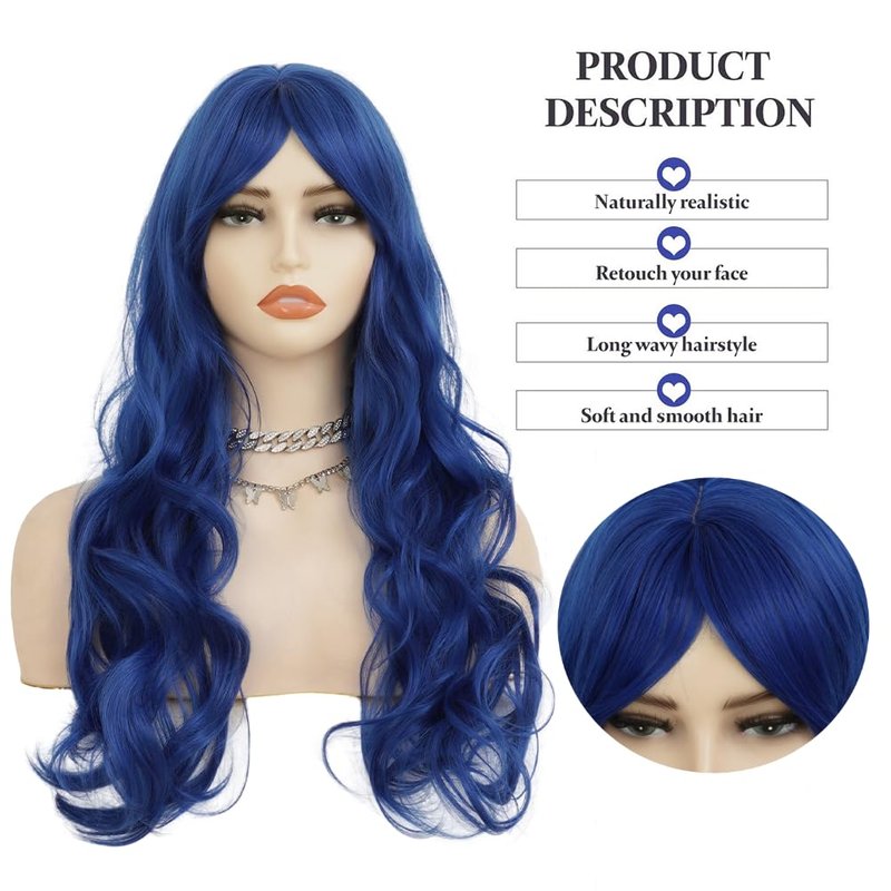 Salaibs Long Blue Curly Wavy Wig for Women Mermaid Wigs with Bangs Natural Looking for Daily Party Cosplay Halloween Use（Royal Blue）