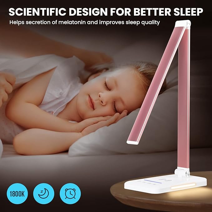 JOSTIC LED Desk Lamp with Night Light, Fast Wireless Charger, USB Charging Port, 10 Brightness, 5 Color Modes, Dimmable Bedside Table Lamp for Bedroom, Touch Control, Auto Timer, 1200Lux Super Bright