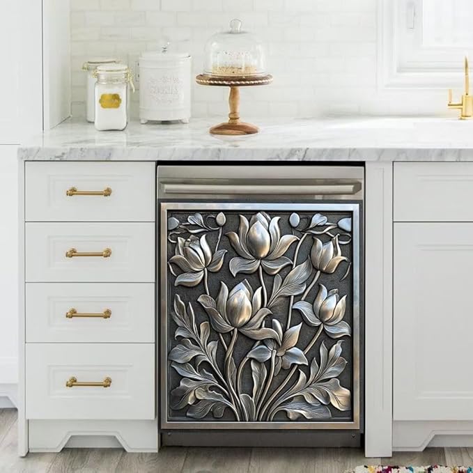 Dishwasher Magnet Cover Stainless Steel Look Flower Dishwasher Front Panel Decorative, Magnetic Appliance Cover Kitchen Decor Home Refrigerator Magnets Sticker 23" W x 26" H