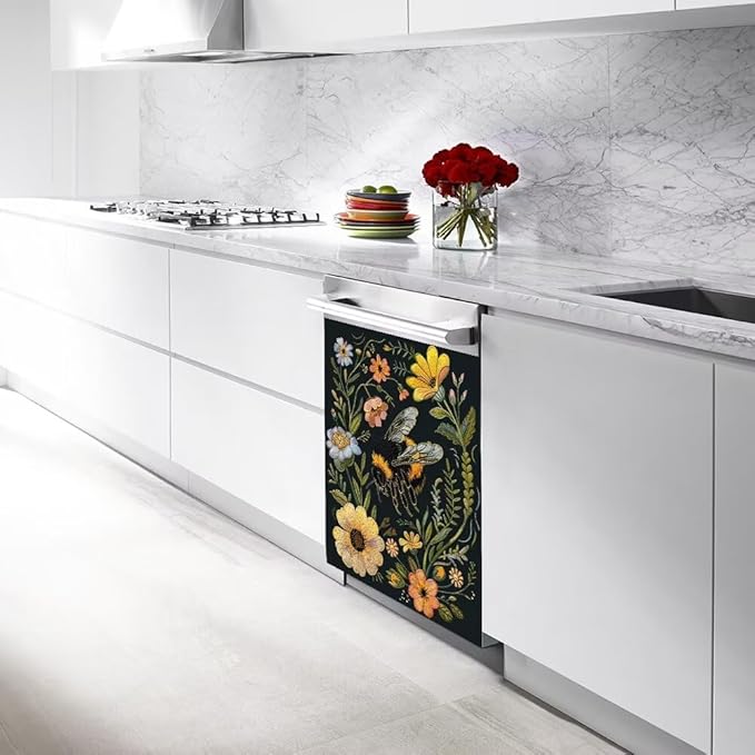 Flower and Bee Painting Dishwasher Magnet Cover Sticker,Refrigerator Magnet Cover Decal Fridge Magnetic Stickers Home Kitchen Decor,23W x 26H inchs