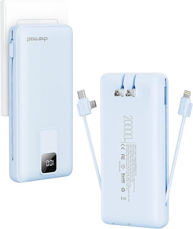 charmast Portable Charger with Built-in Cables and Wall Plug, 20000mAh 20W USB C Power Bank Fast Charging Battery Pack Compatible with iPhone iPhone 16/15/14/13 Series, Samsung Google iPad etc