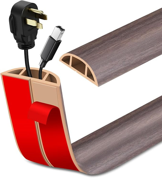 Floor Cord Cover Self Adhesive Cord Hider Floor Extension Cord Covers for Floor Power Cord Protector Cable Management Prevent Cable Trips Cable Cavity 0.59" W x 0.31" H (Brown Walnut Wood, 3.3Ft)