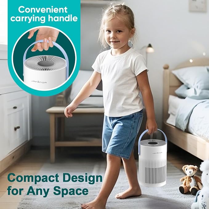 Air Purifiers for Bedroom, Jafända Pet Hair Air Purifier, Max 650 ft², 3-in-1 Filter, H13 HEPA Air Filter, 20dB Quiet Sleep Mode, 7-Night Light, Portable Handle for Home, Remove Dust, Smoke, Odor