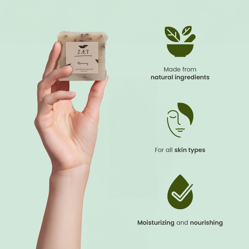 ZÆT 4-Pack Rosemary Bar Soap – Made with Rosemary Leaves, Olive Oil and Coconut Oil - Handmade Soap Bar for Face, Body and Hands - Gently Cleanses and Hydrates All Skin Types- For Men and Women