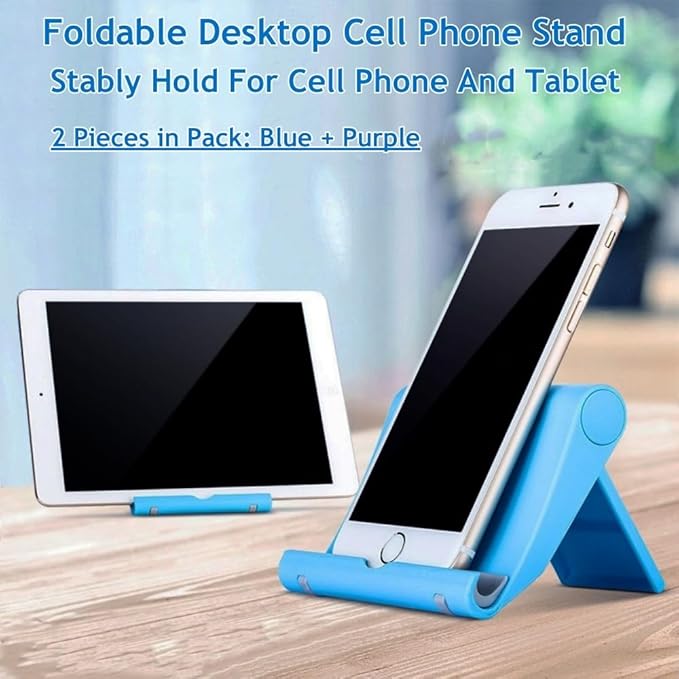 JUSDIQIR Portable Adjustable Cell Phone Stand, 2 Pack, Universal Fit for Desktop, Tablet, Compatible with Most Phones & Devices (Purple+Blue)