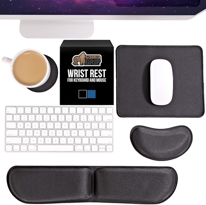 GORILLA GRIP Silky Memory Foam Keyboard Wrist Rest and Mouse Pad for Computer, Ergonomic Typing Support, Desk Office Supplies and Gaming Accessories, Hand & Arm Mousepad Cushions and Coaster Set Black