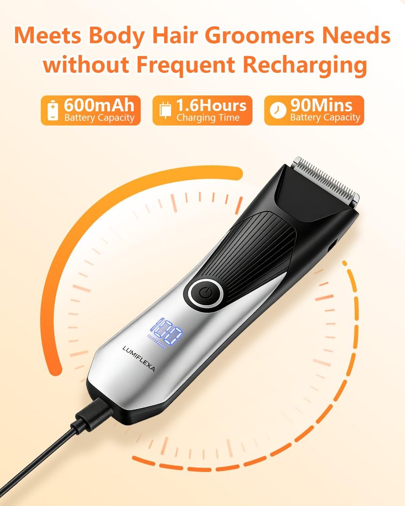 Lumiflexa Body Hair Trimmer, LED Display, 6500 RPM Motor Manscaper for Men, 3 Adjustable Combs, USB & Dock Charging, IPX7 Waterproof Body Hair Groomers, Wet or Dry Use for Groin/Legs/Chest