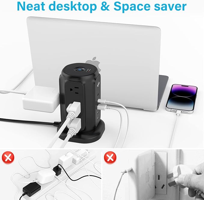 AiJoy Flat Plug Power Strip Tower with 9 AC Outlets and 5 USB Ports