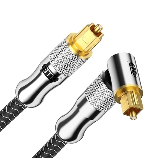 EMK Premium 24K Gold-Plated Right Angle Optical Cable – 90° Toslink to Toslink (3M/10Ft), 360° Rotatable for Soundbars, TVs & Home Theater