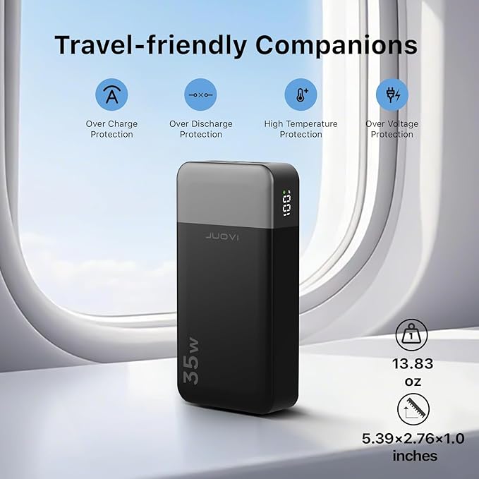 JUOVI Power Bank 35W 20000mAh Portable Charger Fast Charging，PD 3.0 QC 4.0 Phone Charger with LED Display, Travel Battery Pack 2 USB C 2 USB A Ports for iPhone 16/15/14 Series, Galaxy, iPad