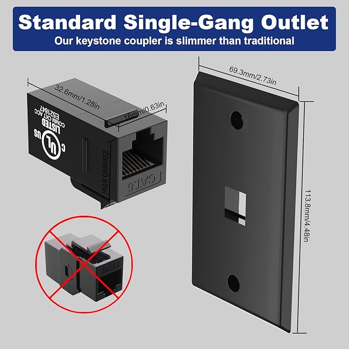 VCE Ethernet Wall Plate (UL-Listed), 1-Port CAT6 Wall Plate and Jack, RJ45 Keystone Wall Outlet with Single Gang Low Voltage Mounting Bracket, Black 2-Pack
