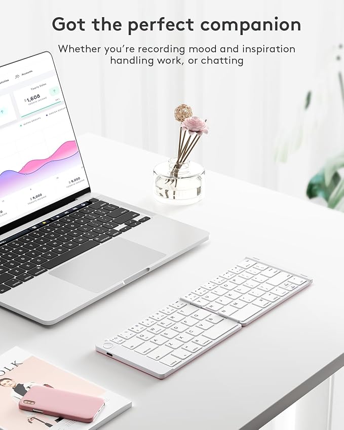 Samsers Foldable Bluetooth Keyboard - Portable Wireless Keyboard with Stand Holder, Rechargeable Full Size Ultra Slim Folding for iOS Android Windows Smartphone Tablet and Laptop, White Pink