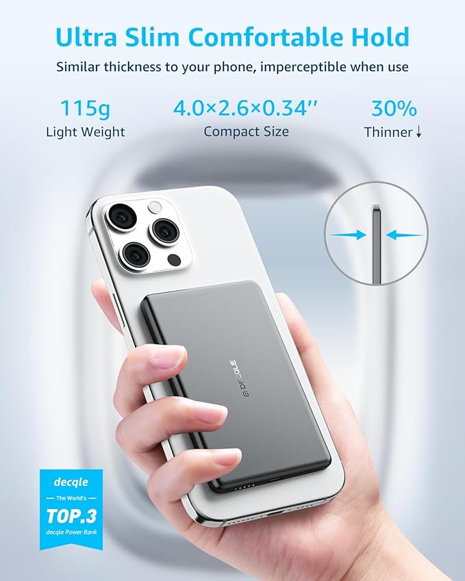 decqle “Air” Power Bank for MagSafe 5000mAh, Ultra Slim Magnetic Wireless Portable Battery Charger Case with USB-C Cable, Compatible with iPhone 17/16/15/14/13/12 Series Only (Grey)
