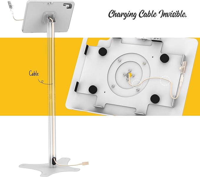 Beelta Tablet Floor Stand Compatible with 10.2" iPad 7 8 9, Rotate Lockable Metal Tablet Enclosure+Aluminum Pole+Metal Base - BSF302WT