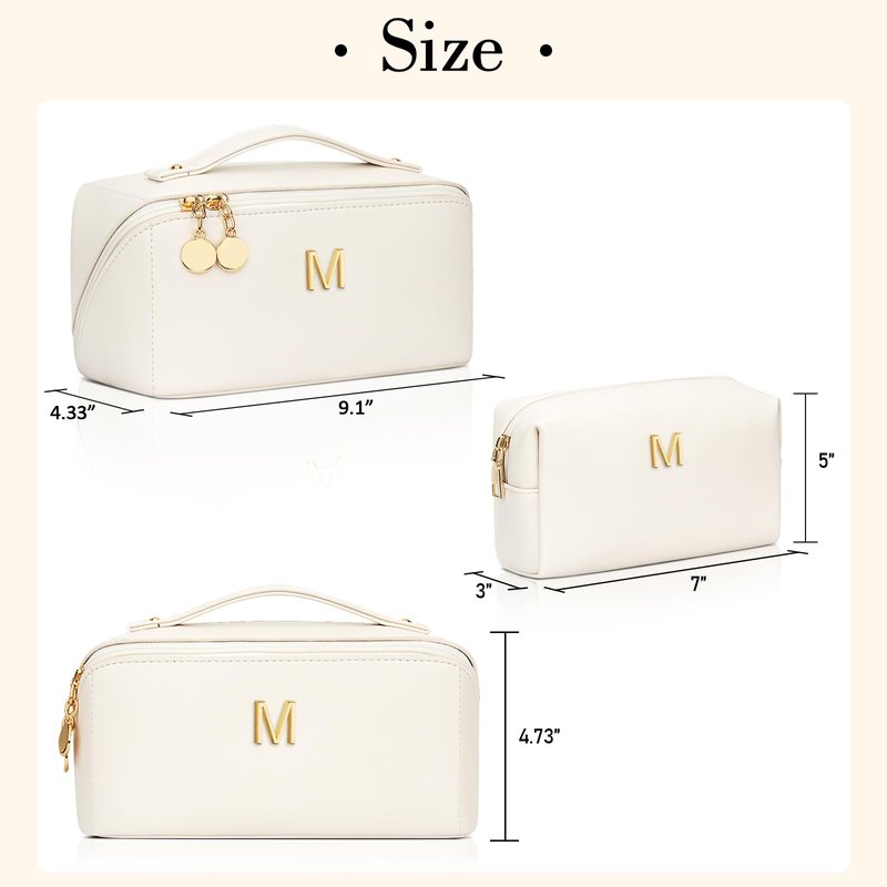 CLOUDWINGS Birthday Gifts for Women Teen Girl, Personalized Initial Makeup Organizer Bag Set, Open Flat Travel Cosmetic Bag With Clear Divider and Handle(Beige,M)