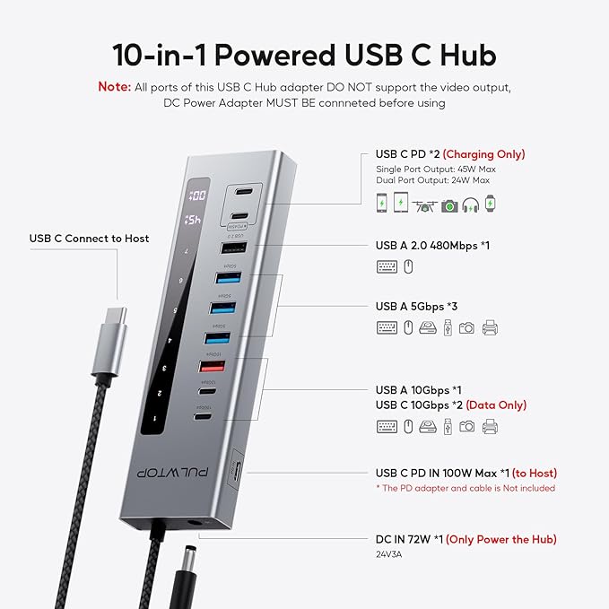 PULWTOP Powered USB C Hub, 10-in-1 USB 3.2 Data Hub with 3 x USB A/C 10Gbps, 3 x USBA 5Gbps, USB A 2.0, 100W PD-in, 2 x 24/45W Type-C Charging Ports (72W Adapter Included)