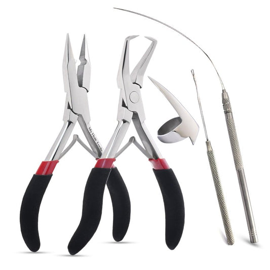 Silver Professional Hair Extension Tools Kit - Complete Set with Microbeads Crimping Plier, Micro Ring & Tape-in Remover Plier, Hair Parting Tool, Bead Loop & Needle Pulling Hook