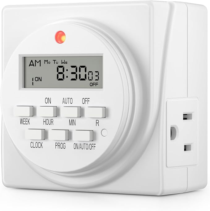 BN-LINK Indoor Digital Timer Outlet, Dual Outlet 7 Day Programmable Light Switch, 3 Prong Plug in Timers for Electrical Outlets, Lamps, Fans, 8 On/Off Programs, 1 Pack, 15A/1875W, ETL Listed