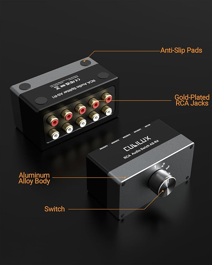Cubilux AS-R4 4-Channel RCA Audio Selector, Bidirectional 4-Way Stereo RCA Aux Switcher, 1-Input to 4-Output / 4-Input to 1-Output